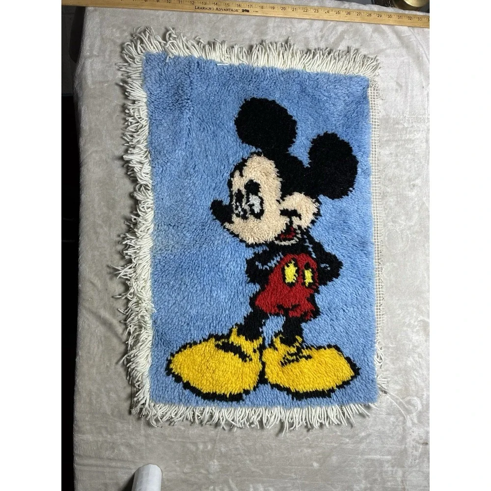 Vintage Latch Hook Rug Mickey Mouse Disney Wall Accent Decor 24x32